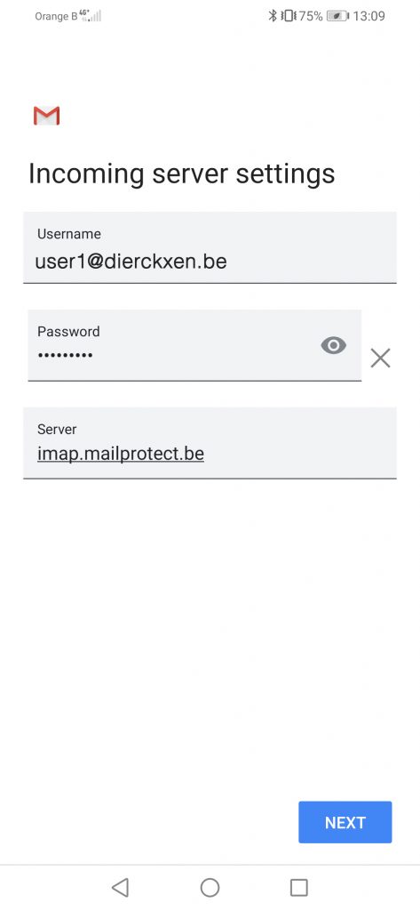 De inkomende server is imap.mailprotect.be
