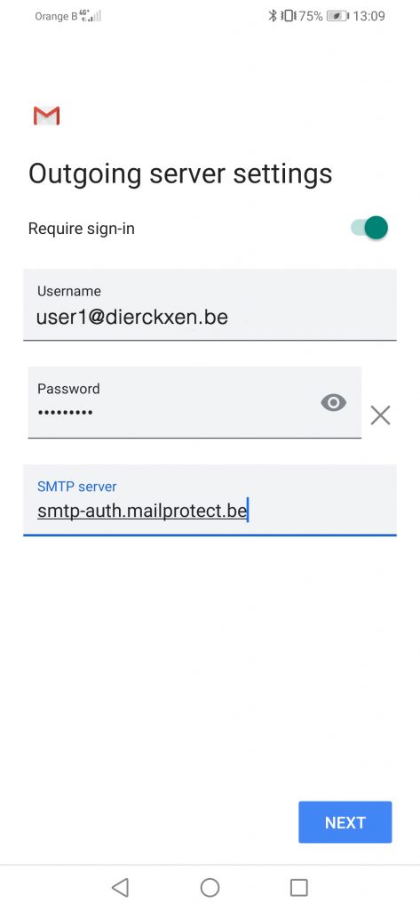 De uitgaande server is smtp-auth.mailprotect.be